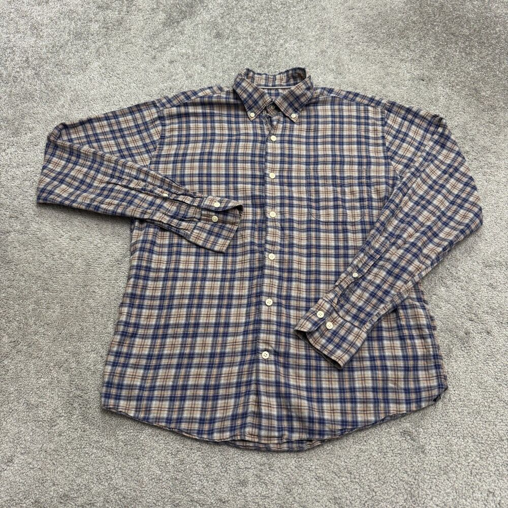 Peter Millar Button Down Shirt Mens Medium Navy Brown Plaid Long Sleeve Cotton
